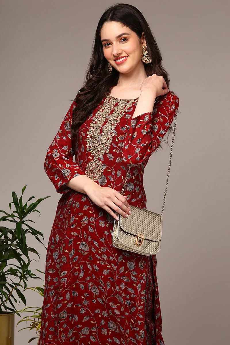 Red Viscose Rayon Embroidered Straight Kurta
